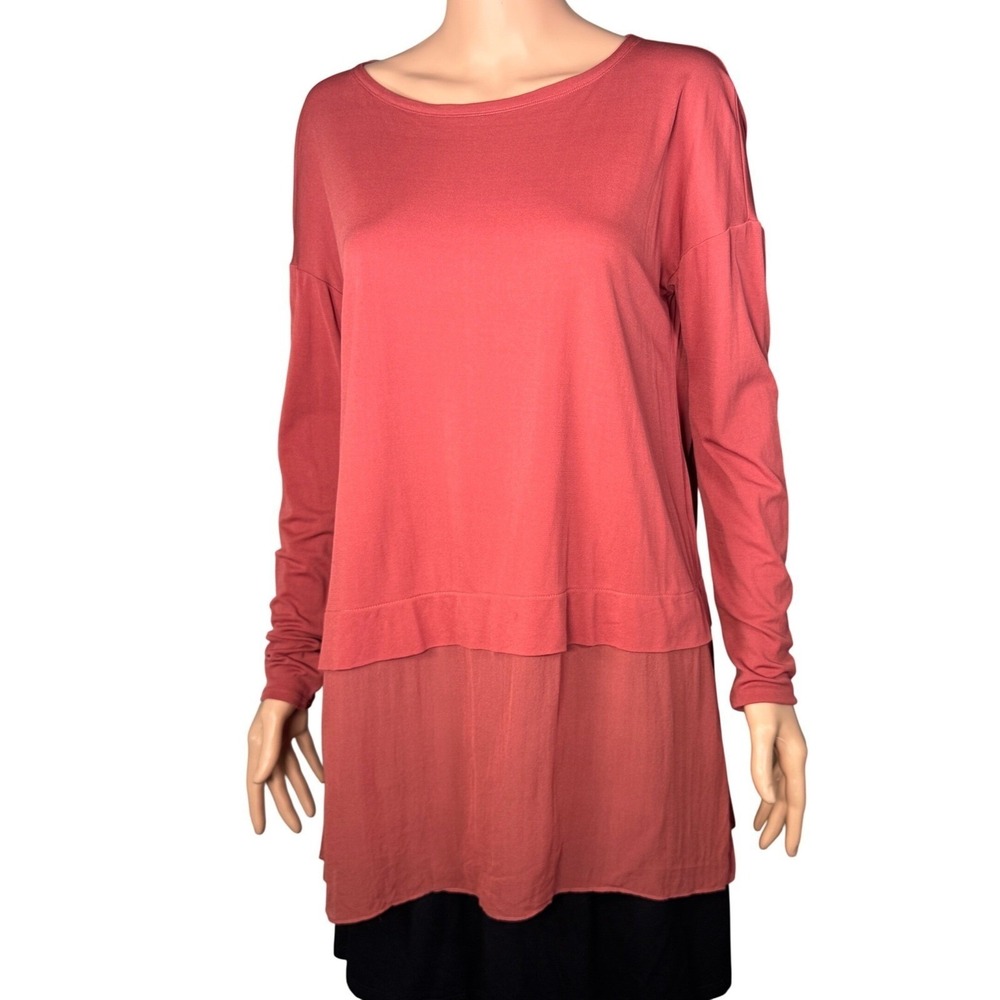 Eileen Fisher Womens XS Silk Layered Tunic Top Long Sleeve Clay Red F16GK